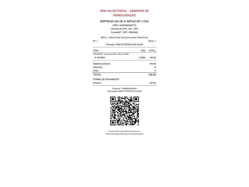 Exemplo de DANFE NFC-e emitida pelo FazGiro